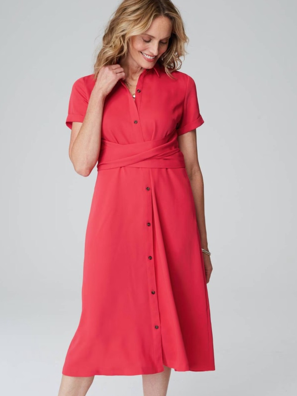 J. Jill Wearever Red Shirt Dress Tie Waist Cuffed Short Sleeve Midi XSP Petite